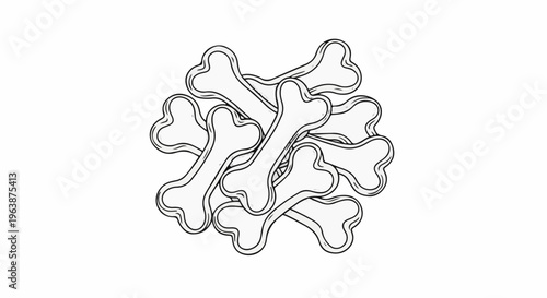 A pile of white bone-shaped dog treats, overlapping