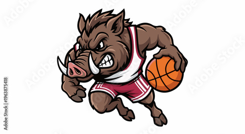 Aggressive cartoon boar mascot dribbling basketball in athletic wear