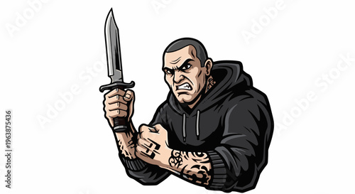 Aggressive man with tattoos and a knife, wearing a black hoodie