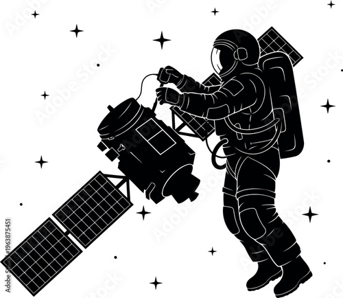 Astronaut repairing satellite in outer space with stars background