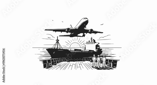 Aircraft flies over ship at sunrise with crew watching from deck