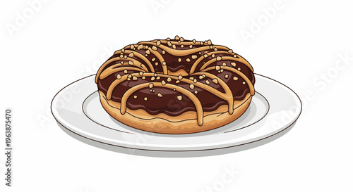 A delicious-looking chocolate donut with caramel drizzle and nuts on a plate