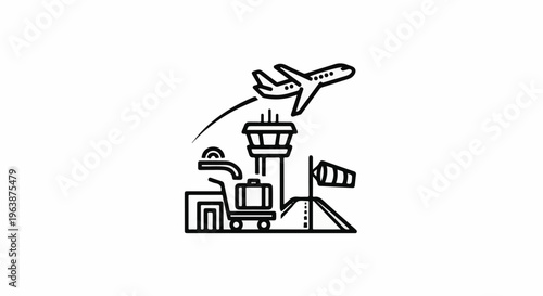 Airplane departing airport with control tower, luggage, and windsock