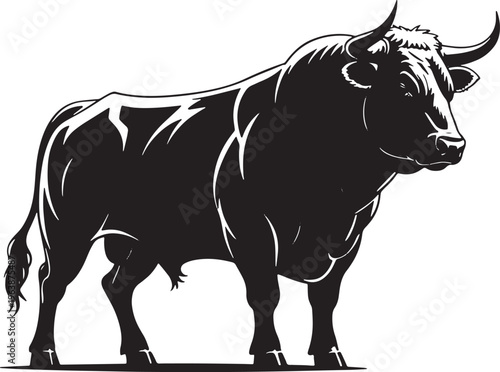 Black bull silhouette, powerful bovine animal illustration, bull drawing, bull power, bull strength, bull mammal