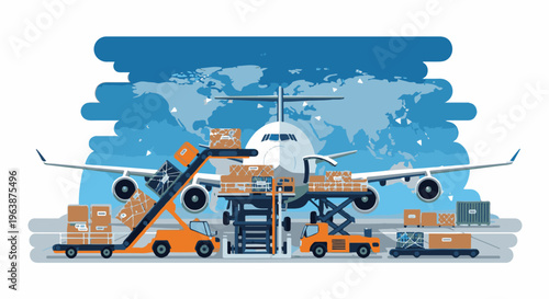 Airport cargo loading with airplane and vehicles