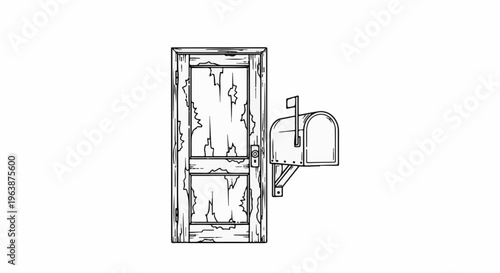 An aged, weathered wooden door stands beside a classic rural mailbox