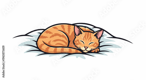 An adorable ginger tabby cat peacefully sleeps curled up on a light blue cushion