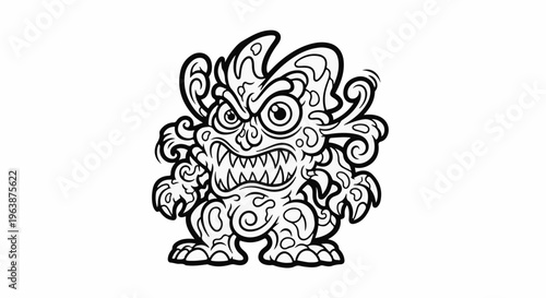 An aggressive, stylized cartoon monster with sharp teeth and swirling patterns