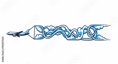 An airplane trails a complex, knot-like cloud formation across a white background