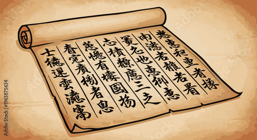 An ancient scroll with black calligraphy on a textured parchment background