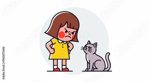 An angry child in a yellow dress confronts a stern-faced cat