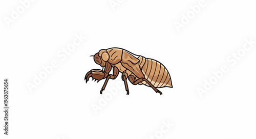 A detailed illustration of a light brown cicada exoskeleton on a white background