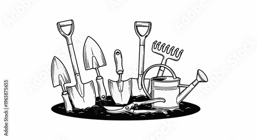 Assorted garden tools including shovels, trowels, shears, a rake, and watering can