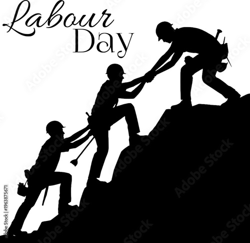 Workers helping each other ascend difficult rocky terrain together