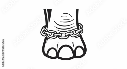 An artistic depiction of an elephant's foot bound by a thick metal chain