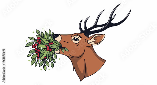 A majestic deer with large antlers eats a branch of berries and leaves