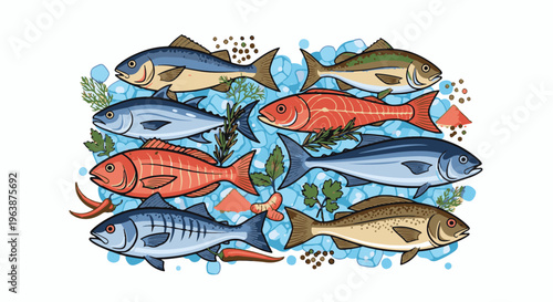 An assortment of fresh fish, spices, and herbs on ice