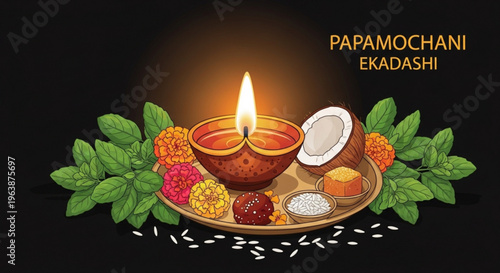 Papamochaani ekadashi hindu festival decorative plate with lit diya lamp coconut and flowers on black background