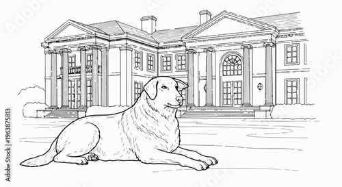 A detailed line drawing of a dog lying in front of a large, classical building