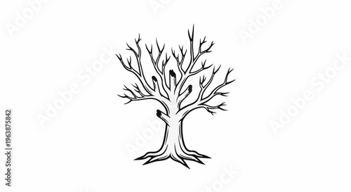 Black and white illustration of a bare tree with a thick trunk and spreading branches