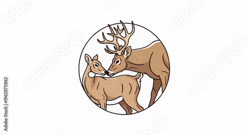 A male deer with antlers nuzzles a female deer within a circular frame