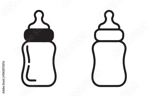 Baby feeding bottle icon set with line art and filled silhouette styles for newborn nursery care symbol design.