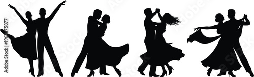 ballroom dance couple silhouettes set, romantic dancers collection, waltz tango poses, performance art, elegant movement, isolated black silhouettes illustration pack