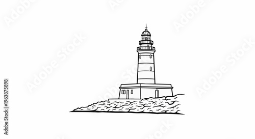 A detailed line drawing of a tall, cylindrical lighthouse with a domed top, perched on rocky ground