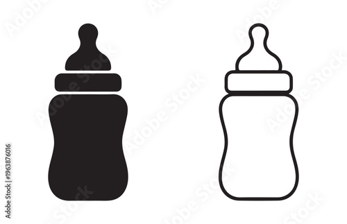 Nursery milk bottle silhouette and outline icon set for baby shower invitation and newborn product design web.