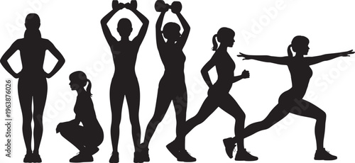 Group of diverse women in silhouette performing various fitness and yoga poses
