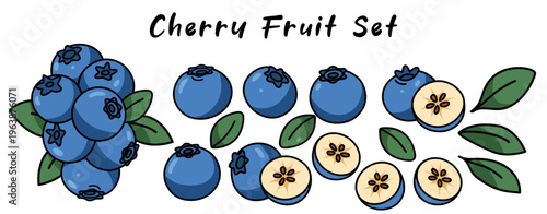 Blueberry fruit set showcases vibrant blueberries alongside other fruits, creating delightful and colorful arrangement that highlights beauty of nature bounty