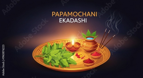 Papamochani ekadashi hindu festival puja plate with tulsi leaves diya lamp incense sticks and powdered vermilion