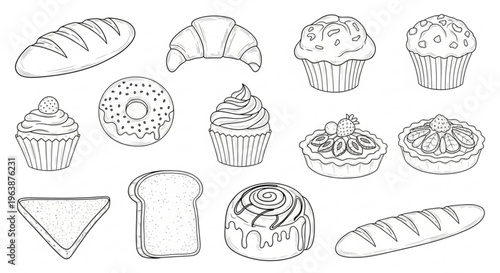 Variety of freshly baked bread and sweet pastries including muffins cupcakes croissants and donuts perfect for bakery or food related concepts