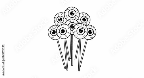 A cluster of stylized eyeball lollipops, rendered in black and white