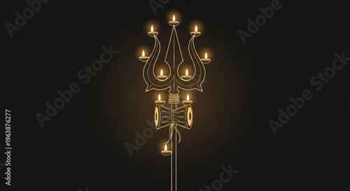 Divine Radiance: An exquisite, ornate trident illuminates the darkness, its intricate design of gracefully sculpted lines, decorated with glowing candle flames.