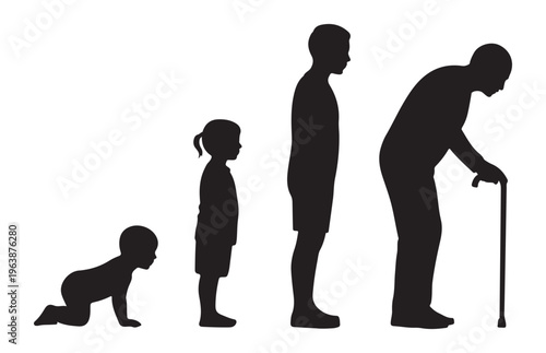 Male aging process silhouette from infant crawling to senior man with walking stick icon for growth concept set.