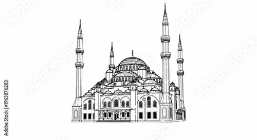 A detailed sketch of a grand mosque with multiple domes and minarets