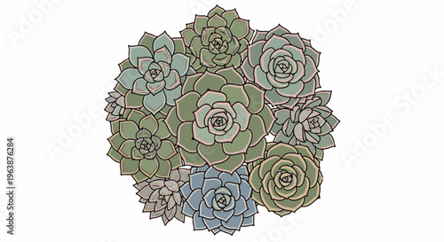 A cluster of various sized succulents in green and blue hues