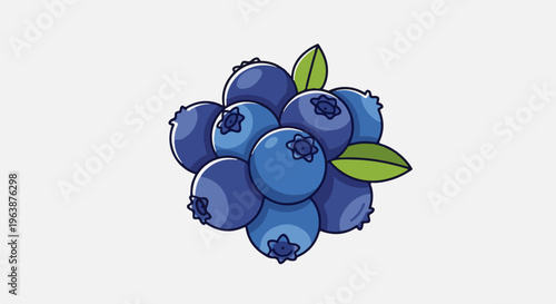 A cluster of vibrant blueberries with green leaves against a plain background