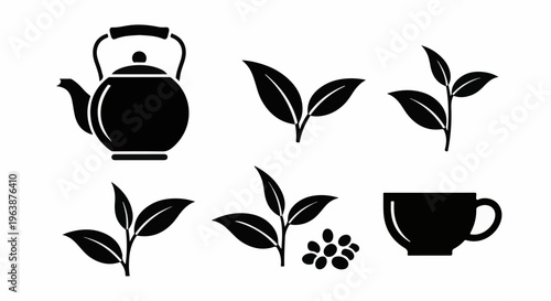 A collection of black and white icons representing tea, including a teapot, leaves, beans, and a cup