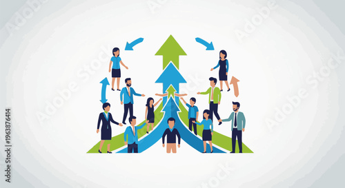 A diverse group of individuals collaborating and growing together, symbolized by upward arrows