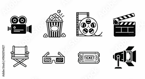 A collection of cinematic icons including a film camera, popcorn, film reel, clapperboard, director's chair, 3D glasses, ticket, and spotlight