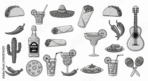 A collection of black and white illustrations of Mexican food, drinks, and culture
