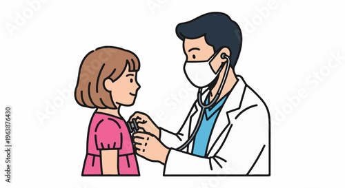 A doctor in a mask and white coat examines a child with a stethoscope