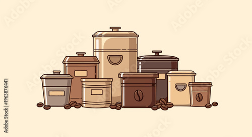 Assortment of coffee bean canisters and scattered beans in various shades of brown