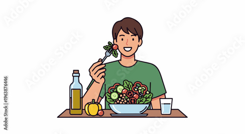 A man happily eats a fresh salad with fork, a bottle of oil, and glass of water