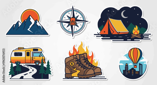 A collection of colorful, stylized outdoor adventure icons, including mountains, a camper, and a campfire