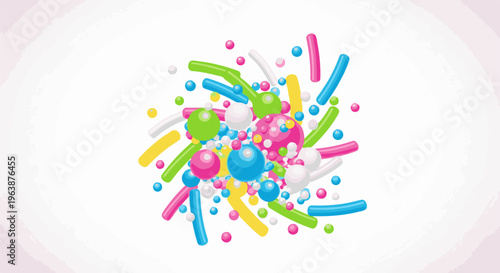 A collection of colorful round and rod-shaped sprinkles scattered against a pale background