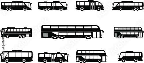 Collection of various bus types and models in black silhouette