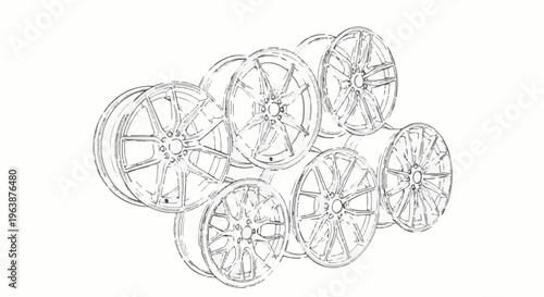 A collection of detailed, stylized sketches of vehicle wheels